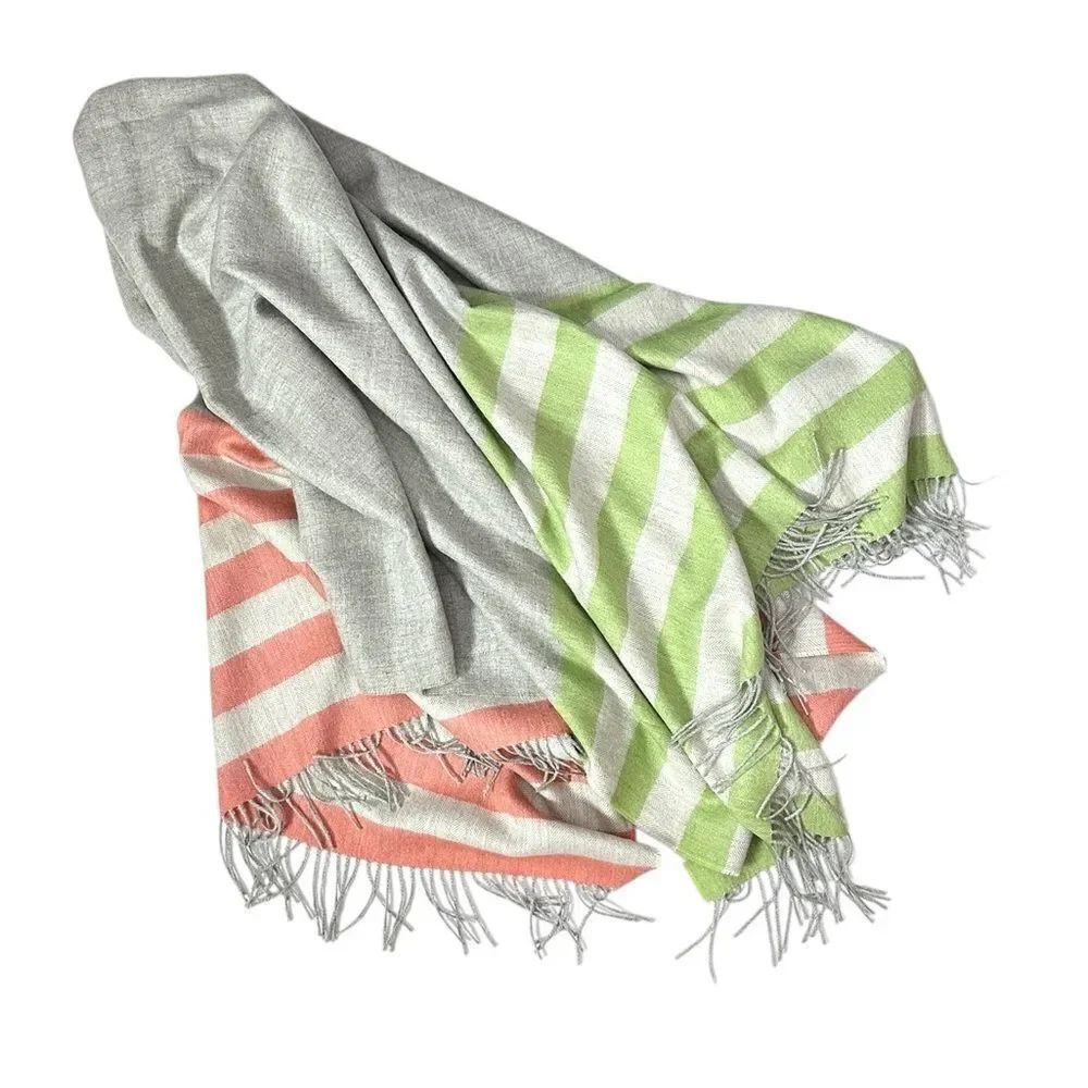 NWOT Baby Alpaca Throw Blanket Gray Pink Green Striped Trim Made in Peru